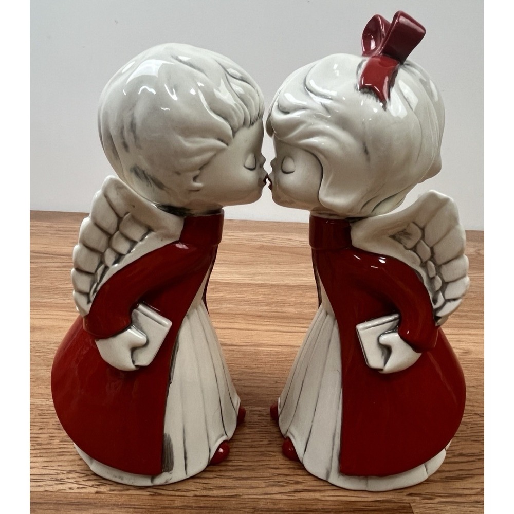 Vintage MCM Ceramic Kissing Angel Figurines 7.5" Red & White Hand Painted